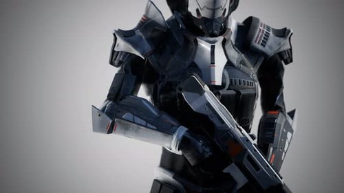 Soldat futuriste en armure d'acier avec le pistolet Cyber Punk