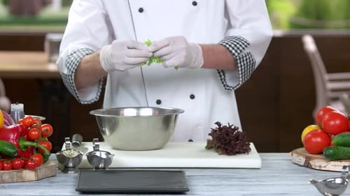 Chef Prepares Salad Ingredients in Restaurant Kitchen