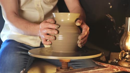 Man Makes Jug in Pottery Workshop Clay Product Authentic Atmosphere Background Footage