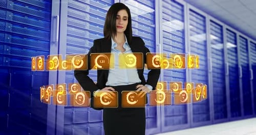 Businesswoman using digital interface screen with icons