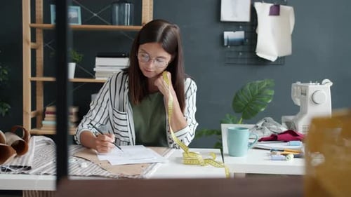 Portrait of Creative Girl Fashion Designer Sketching Garment Working in Studio Alone