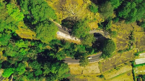 Top Down Shot at Curvy Road in the Countryside with Vehicles Making Turns.