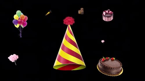 Moving animation of birthday products. Transparent background and loop video.