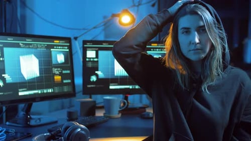Woman in Hoodie at Computer Desk at Night