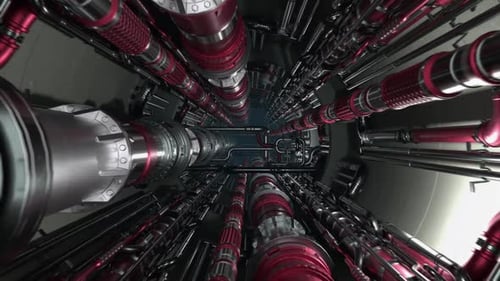 Technological Flight Through Intricate Red and Silver Pipes