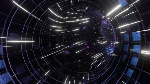Camera movement with rotation through a circular tunnel with animated, glowing patterns on the walls