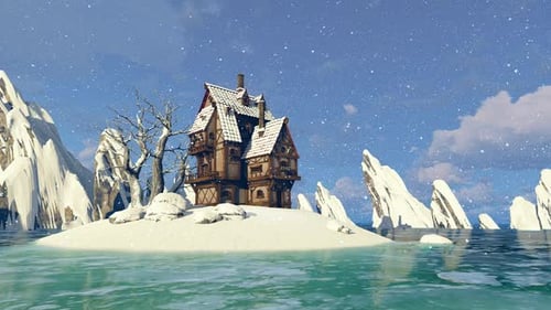 House On The Shore Of A Winter Lake