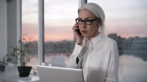 Woman working on computer at sunset
