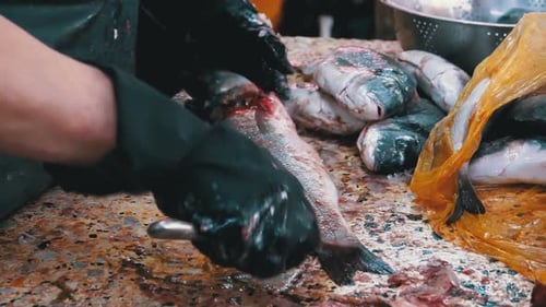 Skalieren und Schneiden von Fischen im Marktstand. Frau reinigt manuell und schneidet frischen Fisch