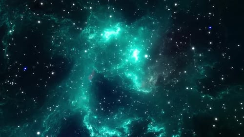 Camera flying through the clouds and star field in outer space