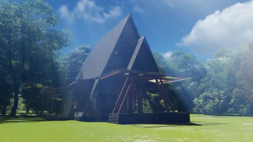 3D Animation of Modern Geometric House in Natural Landscape