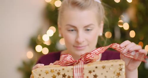 Woman Smiling Holding Holiday Present with Ribbon