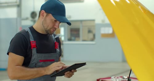 In a Garage a Mechanic Using the Tablet Makes the Oil and Engine Check To the Car Smiles. Concept Of