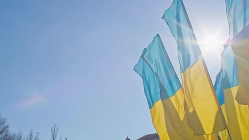 Ukrainian Flags Waving in the Sky
