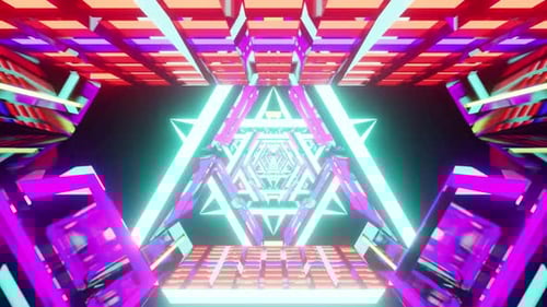 Bright Neon Triangle Sci Fi Tunnel Background Through The Spaceship Vj Loop 4K