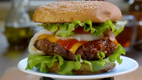 Delicious Burger Stacked High with Fresh Ingredients