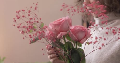 Girl On Floral Masterclass. Florist At Work With Bunch Of Flowers. Close Up