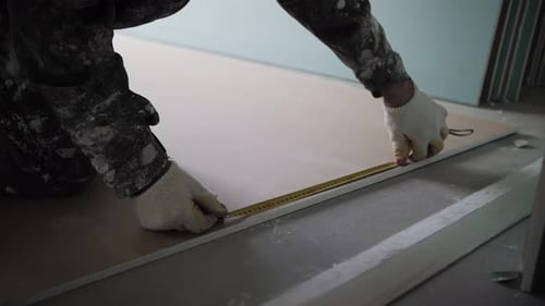 the builder makes measurements with a tape measure