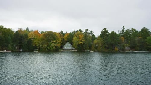 Autumn Lake with Colorful Trees and House