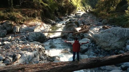 Autumn in forest running man over the tree