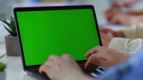 Man Hands Typing Green Screen Laptop Office