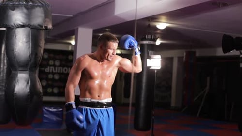Shirtless Boxer Flexing Biceps In Gym