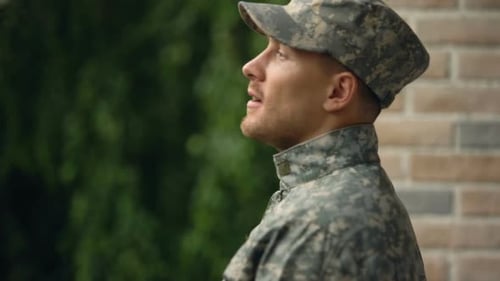 Happy Soldier Glad to Return Back Home Standing on House Terrace Feeling Joy