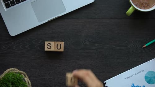 Success, Business Woman Making Word of Cubes, Goals Achievement and Career