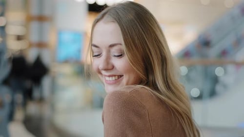 Close Up Female Portrait Perfect Face with Beautiful Soft Skin Smiling Caucasian Girl Looking at