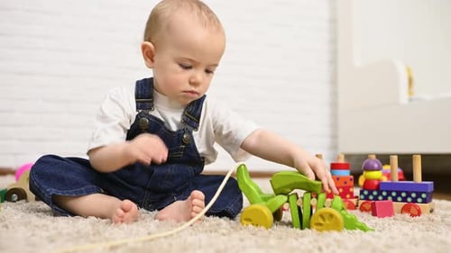Infant Plays With Colorful Wooden Toys at Home