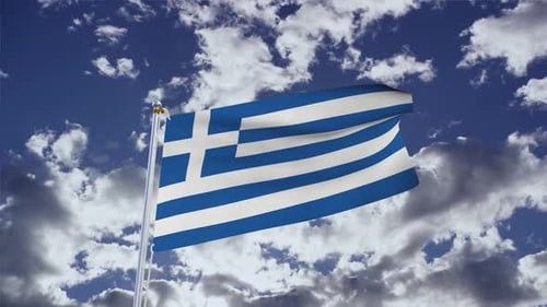 Greece Flag Waving Animation with Blue Sky and Clouds