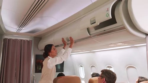 Une hôtesse de l'air ferme la cabine au-dessus de l'avion.