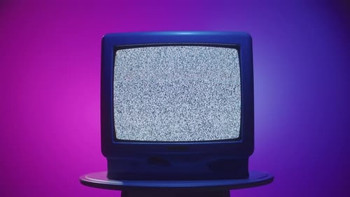 Vintage Television with Static on Pink and Purple Background