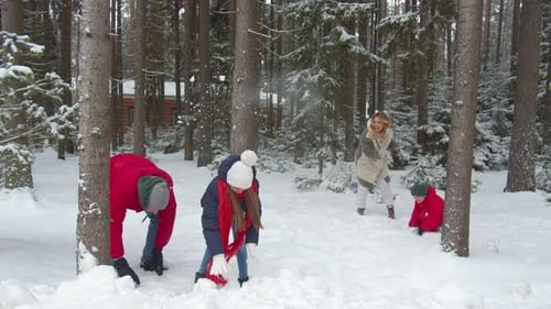 Family Playing Snowballs in the Forest. Long Shot