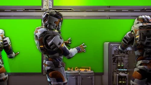 Astronautes près du tableau de bord avec écran vert