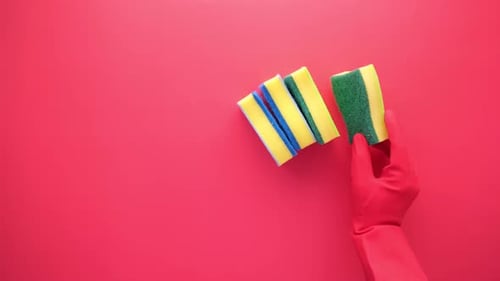 Hand in Pink Glove Moving Cleaning Sponge