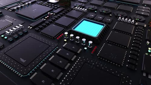 AI header. next-generation chip and processor animation. big power technological
