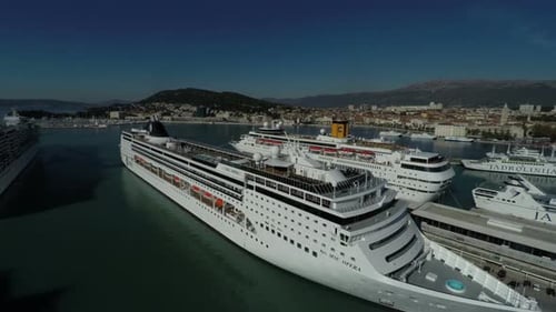 Aerial view of cruise ships anchored in the port