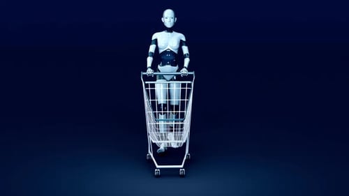 Animation conceptuelle 4K d'une femme robot shopping