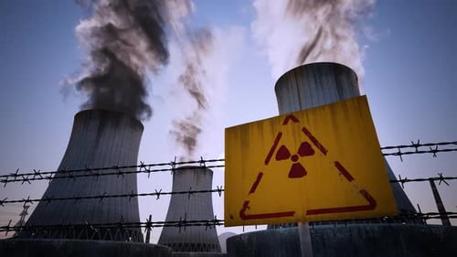 Nuclear power plant steaming cooling towers. Air pollution power station.Sunset