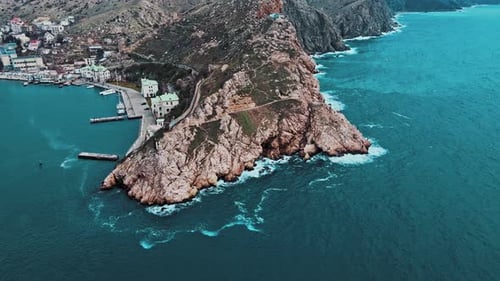 Aerial View of Rocky Coastline and Ocean