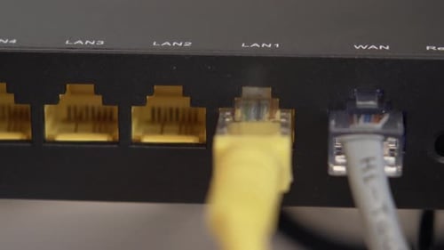 Router Ports with Ethernet Cables Connected, Close Up