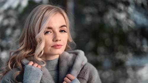 Portrait d'une femme séduisante posant dans un manteau de fourrure gris dans la forêt