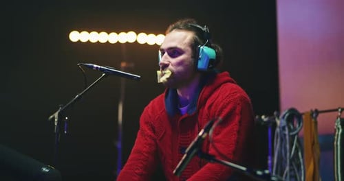 Male Sound Designer Chewing Lettuce and Coughing