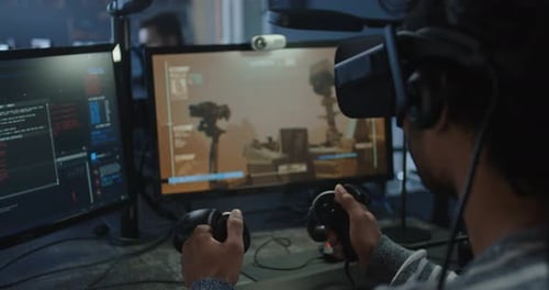 Young Adult Plays VR Game with Headset