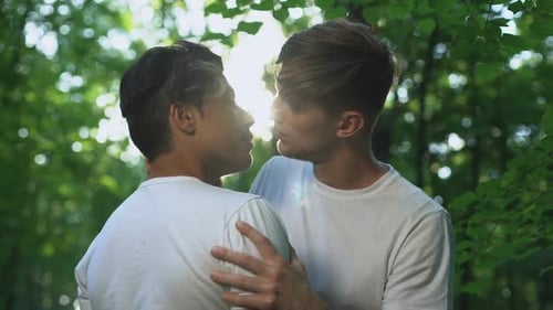 Young Men Kissing and Looking Each Other With Love, Date in Park, Gay Romance