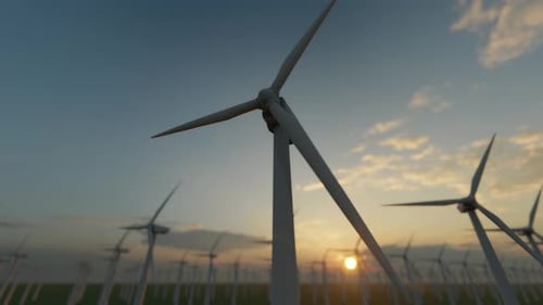 Animated Wind Farm with Spinning Turbines at Golden Hour
