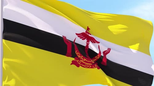 Brunei Darussalam National Flag Waving with Blue Sky Background