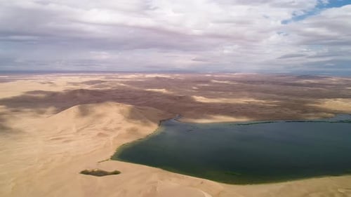 Panoramic View From Above on a Sandy Desert with Lakes.