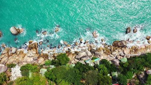 Aerial drone travel of perfect coast beach vacation by aqua blue sea and white sandy background of a